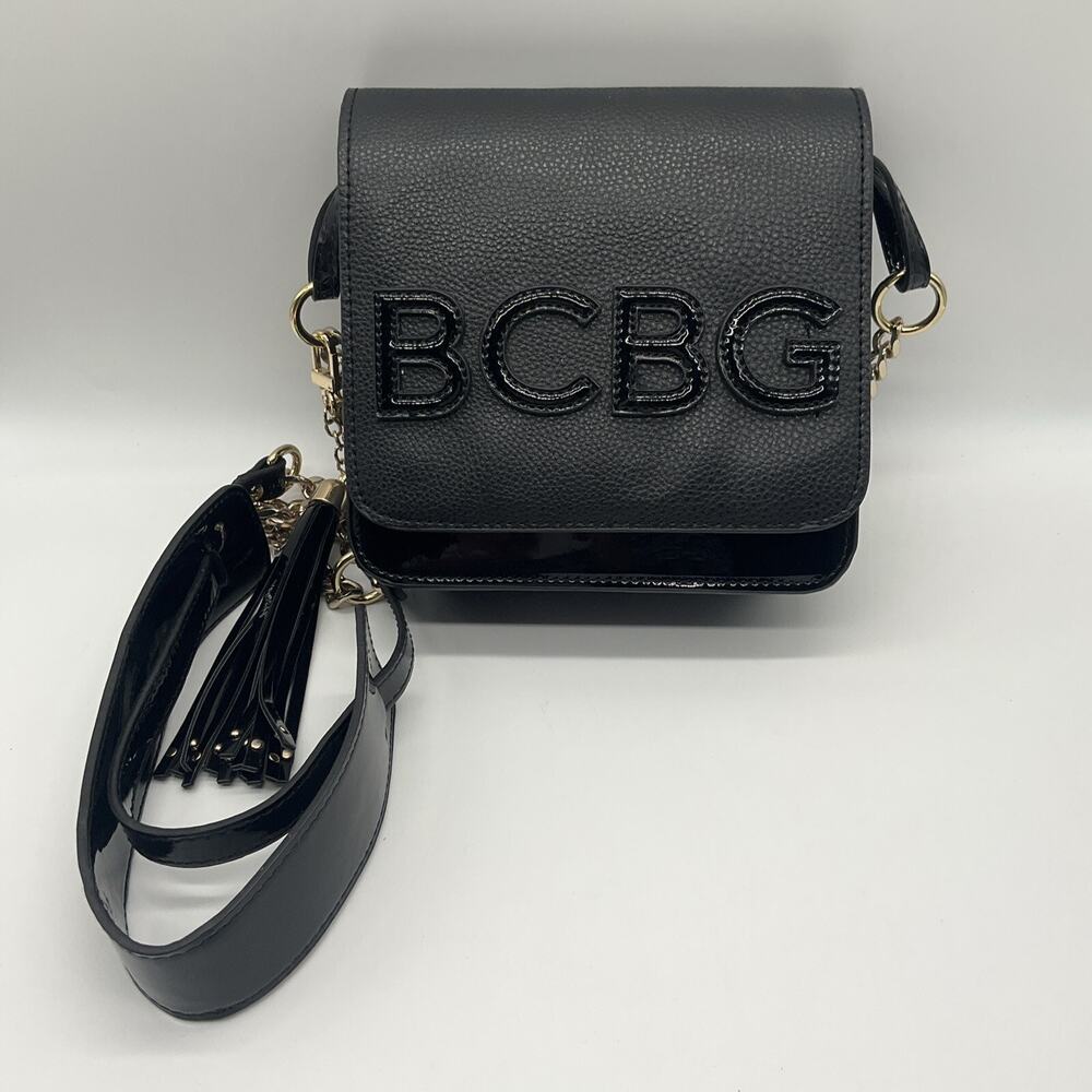 BCBG Handbag Paris Black Faux Leather Crossbody Small Bag Chain Strap Tassel